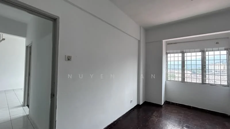 Room features: white painted walls, dark wood flooring, large windows with grid pattern, city view, corner room layout, neutral color scheme, no visible furniture, natural light; style: minimalist; view: city.