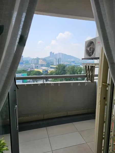 Room features: balcony, city skyline view, sliding glass door, floor-to-ceiling windows, white curtains, air conditioning unit, grey tiled flooring; view: city.