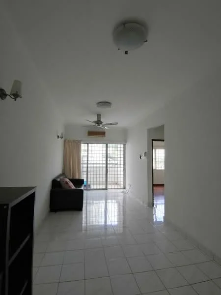 Living features: white painted walls, white ceiling, 5-blade ceiling fan with light, 2 wall sconces, sliding glass door, floor-to-ceiling windows, cream curtains, glossy white tile flooring, black sofa, decorative throw pillows, open layout, natural light from windows; style: modern.