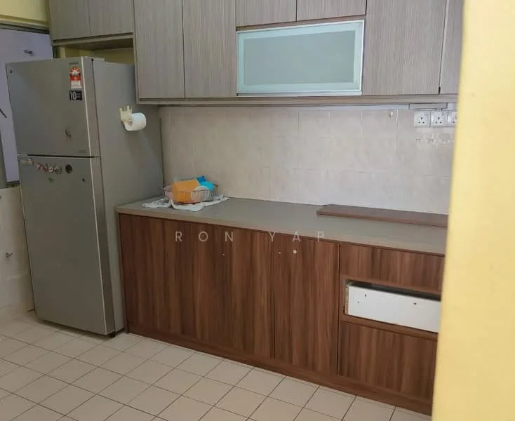 Kitchen features: grey laminate countertop, wood cabinetry with brown finish, stainless-steel fridge, white tiled backsplash, built-in upper cabinets, lower cabinets with wood finish, single-bowl stainless-steel sink, wall-mounted faucet, tile flooring, window above sink; style: modern.