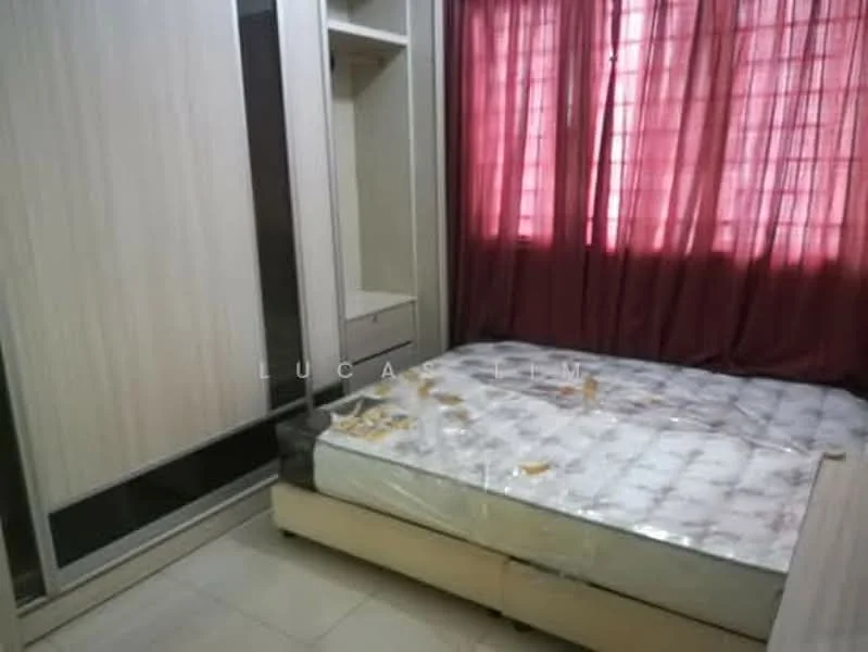 Bedroom features: queen-size bed with mattress, built-in wardrobe with sliding doors, cream painted walls, floor-to-ceiling window with red curtains, tile flooring, decorative wall shelf, bedside table, light fixture on ceiling; style: modern.