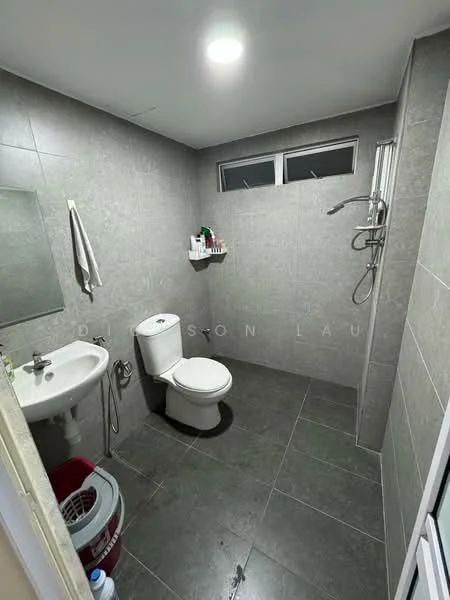 Bathroom features: grey tile flooring, grey tile walls, single-sink vanity with wall-mounted mirror, one-piece toilet, handheld shower, shower with glass enclosure, recessed ceiling lights, window for natural light, towel rack, shelf for toiletries; style: modern.