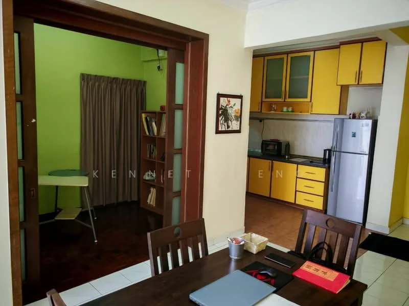 Kitchen features: yellow cabinetry, stainless-steel fridge, built-in microwave, freestanding range oven, ceramic tile flooring, white walls, recessed downlights, countertop with workspace, open shelving; style: modern. Dining features: wood dining table, 4 dining chairs, decorative wall art, white tiled flooring; style: modern. Room features: green painted walls, curtains, bookshelf, small table.
