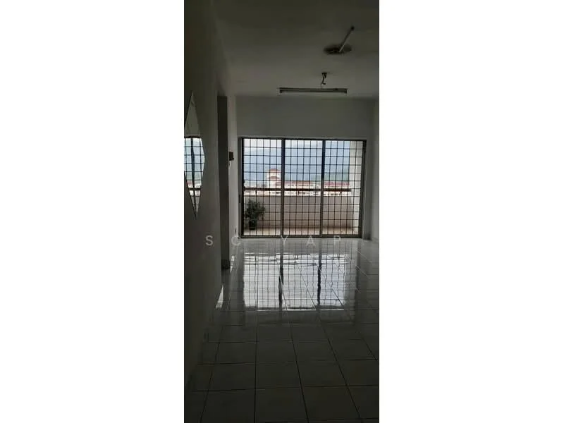 Room features: white painted walls, glossy tile flooring, large sliding glass door, floor-to-ceiling windows, ceiling light fixture, view of outdoor space; style: modern; view: city.