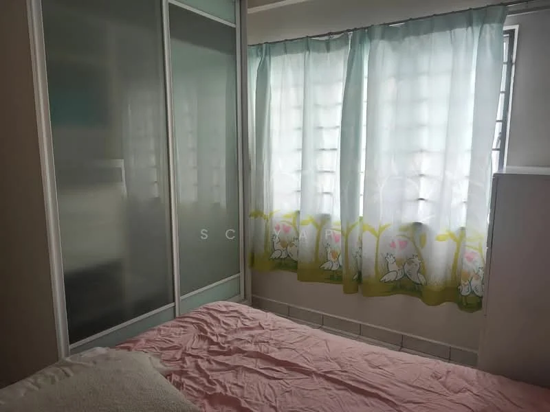 Bedroom features: light pink bedspread, sheer curtains with floral pattern, sliding glass wardrobe, white walls, tile flooring, window with grid pattern, decorative wall with light color, built-in shelving; style: modern.