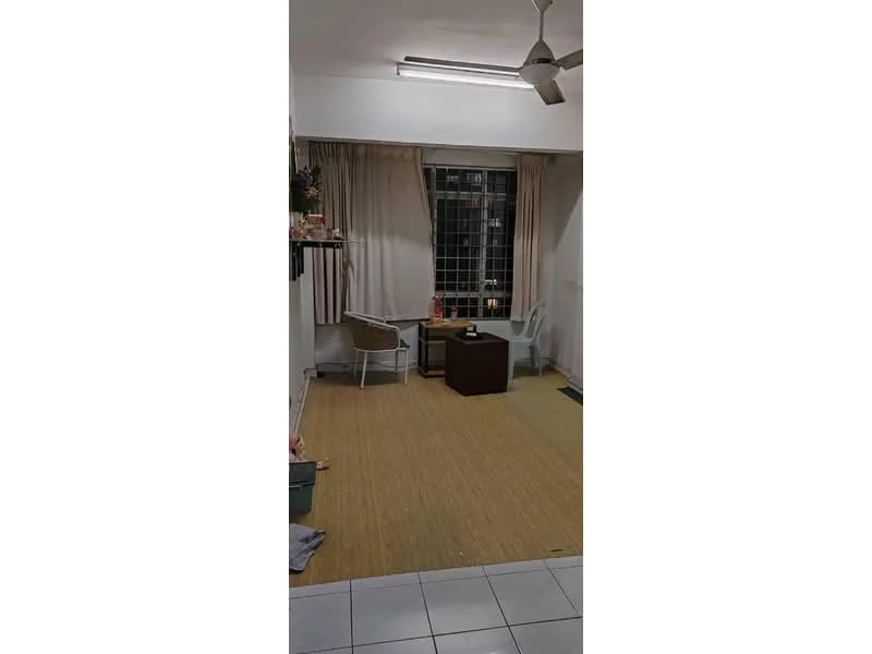 Living features: laminate flooring, white painted walls, ceiling fan, large window with sheer curtains, coffee table, two chairs, decorative shelf, wall-mounted shelf, neutral color scheme; style: minimalist.