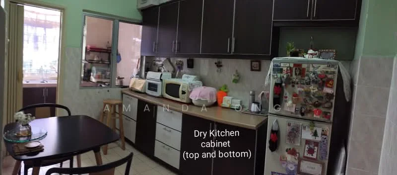 Kitchen features: dark wood cabinetry with upper and lower cabinets, white countertop, stainless-steel fridge, microwave, toaster, kettle, ceramic tile flooring, wall-mounted shelves, dining table with chairs, window with sheer curtains, sink, decorative items on countertop; style: modern.