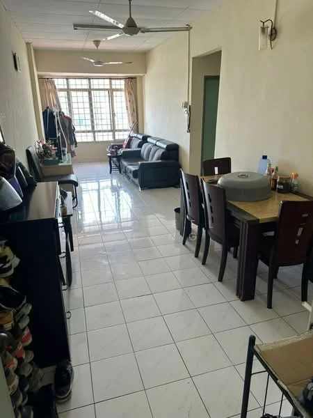 Living features: 3-seater fabric sofa in grey, dining table with 6 chairs, tile flooring, white painted walls, ceiling fan, large windows with sheer curtains, wooden dining chairs, TV console, decorative wall sconce; style: modern.
