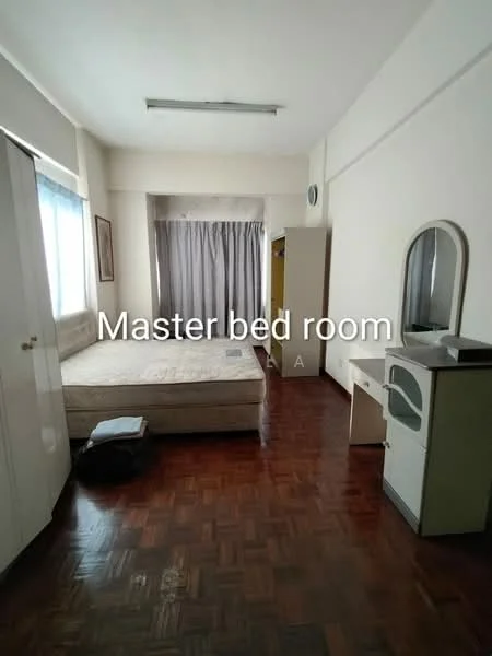 Bedroom features: parquet wood flooring, white painted walls, large window with sheer curtains, built-in wardrobe, dressing table with mirror, queen-size bed, nightstand, ceiling light fixture.