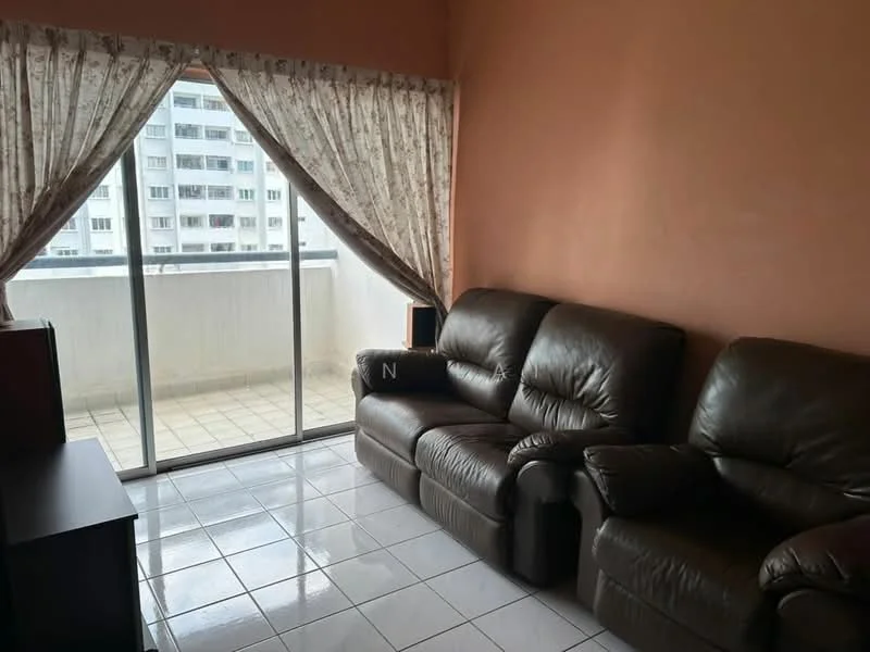 Living features: brown leather sofa, floor-to-ceiling windows, sheer curtains, white tiled flooring, light peach painted walls, TV console, decorative speaker, balcony view.
