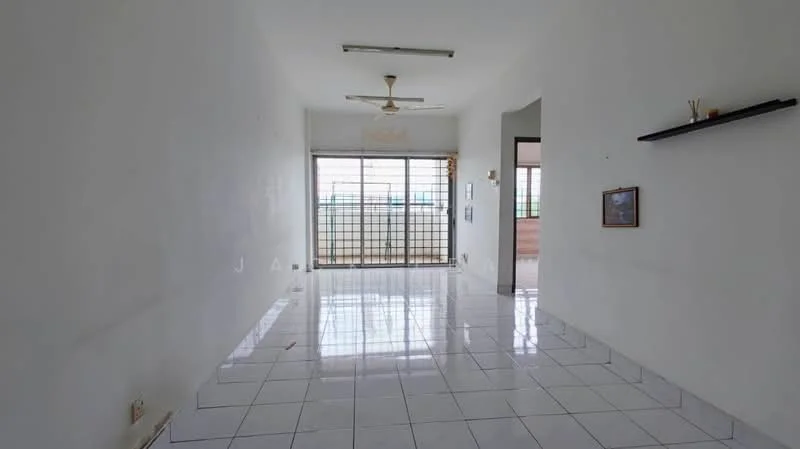 Living features: white painted walls, glossy white tile flooring, 5-blade ceiling fan, floor-to-ceiling windows, sliding glass door, window treatments not visible, wall-mounted shelf, decorative artwork on wall; style: minimalist.
