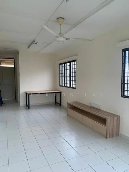 Room features: white painted walls, white tiled flooring, ceiling fan, two windows with black metal grills, wooden TV console, wooden table, open layout; style: modern.