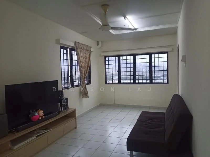 Living features: white painted walls, tile flooring, 5-blade ceiling fan, floor-to-ceiling windows, curtains, TV console, flat-screen TV, sofa bed, decorative items on console; view: city.