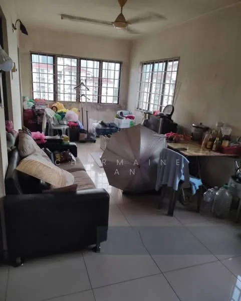 Living features: 3-seater leather sofa, coffee table, floor-to-ceiling windows, tile flooring, ceiling fan, decorative plants, dining table, various household items, light-colored walls, natural light.
