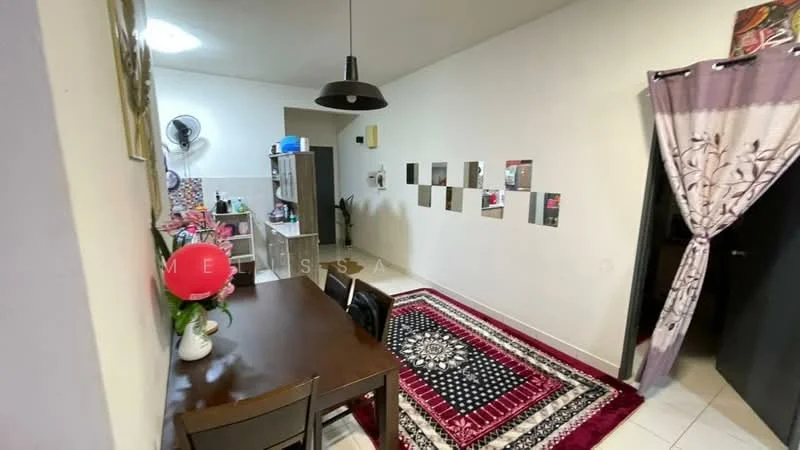 Dining features: dark wood dining table, 4 dining chairs, area rug with geometric pattern, white painted walls, tile flooring, wall-mounted fan, decorative wall mirrors, flower vase with flowers, curtains with floral pattern, open doorway to kitchen, light fixture hanging from ceiling; style: modern. Kitchen features: white cabinetry, countertop with kitchen appliances, open shelving, tile backsplash.
