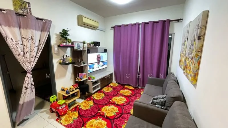 Living features: grey fabric 3-seater sofa, wall-mounted TV, wooden TV console, decorative wall art, purple curtains, air conditioning unit, colorful area rug with floral pattern, shelving unit, decorative plants, light-colored walls, tile flooring; style: modern. Room features: white walls, doorway leading to another room.