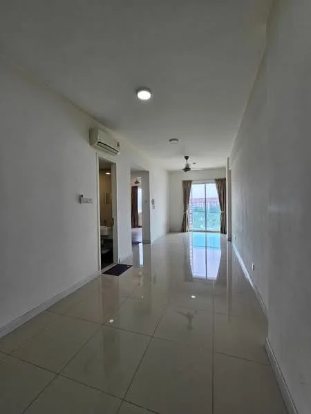 Room features: white painted walls, glossy tile flooring, recessed downlights, 1 wall-mounted split AC, ceiling fan, floor-to-ceiling windows, curtains, view of city skyline; style: modern; view: city.