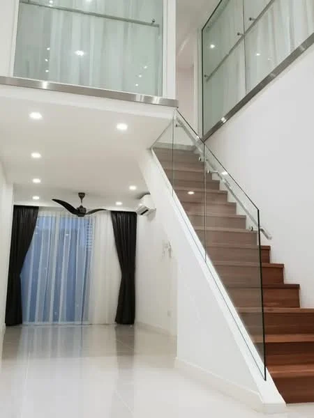 Room features: white painted walls, polished tile flooring, 5-blade ceiling fan with light, glass railing on staircase, wooden staircase, floor-to-ceiling windows, sheer curtains, recessed LED downlights; style: modern.