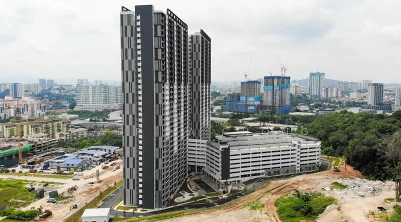 Exterior type: high-rise condominium; features: glass curtain wall, exposed concrete facade, projecting balconies, approximately 20-storey high-rise, manicured landscaping, surrounded by construction sites, urban context with skyline view in background; style: modern.