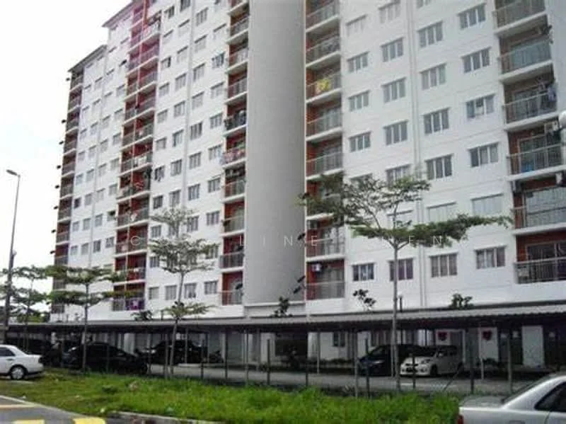 Exterior type: mid-rise condominium; features: white painted facade, balconies with railings, multiple storeys, covered parking area, landscaped area with small trees, street lighting, open-air parking lot; style: modern.