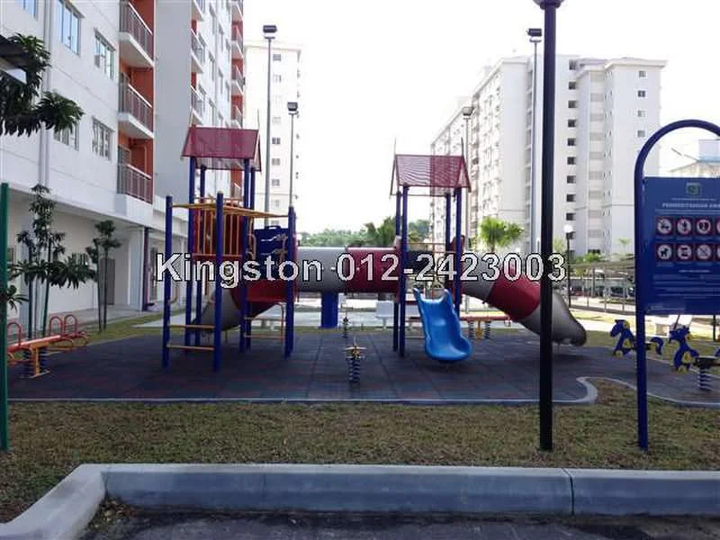 Exterior type: landscape garden; features: children's playground with slides, climbing structure, swing set, rubberized safety flooring, surrounding greenery, park benches, outdoor lighting, fenced area; style: modern.