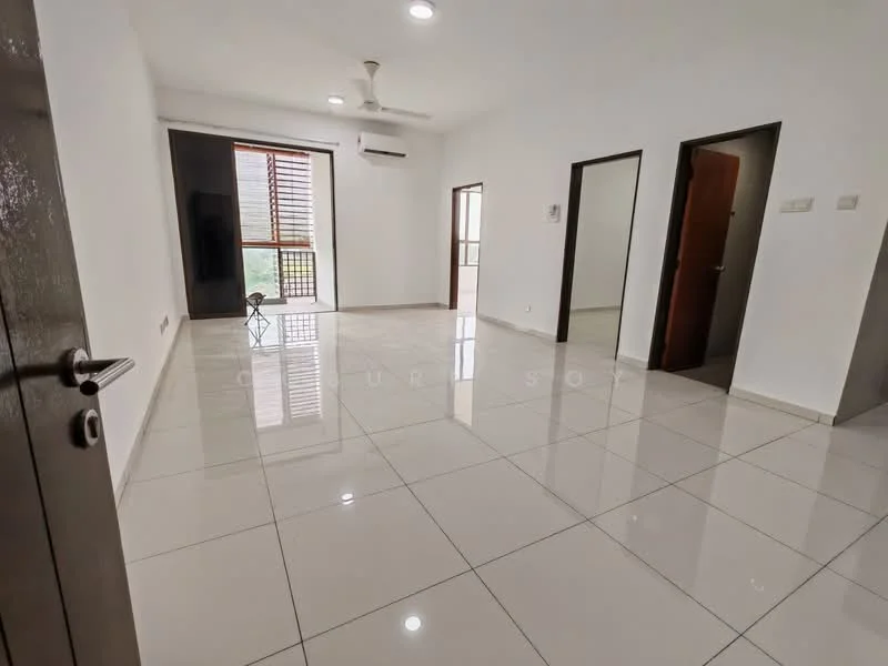 Room features: white painted walls, glossy ceramic tile flooring, ceiling fan, air conditioning unit, large window with wooden slats, two doors leading to other rooms, neutral color scheme, open layout; style: modern; view: garden.