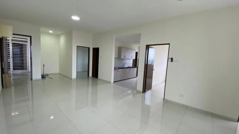 Living features: white painted walls, glossy ceramic tile flooring, recessed downlights, open layout, large windows, doorway to kitchen, doorway to hallway, clean modern design; style: modern. Kitchen features: white cabinetry, countertop, kitchen island, stainless-steel sink, built-in appliances, tile backsplash; style: modern.