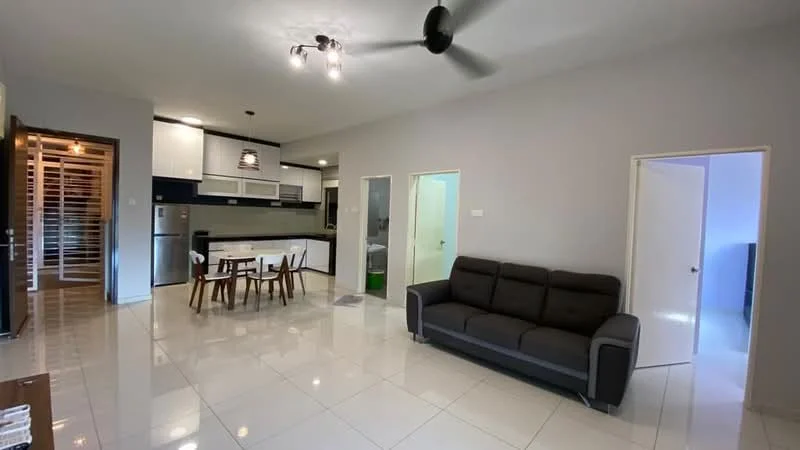 Living features: 3-seater fabric sofa in dark grey, white walls, recessed downlights, ceiling fan, glossy white tile flooring, dining table with 4 chairs, kitchen area with cabinetry, stainless-steel fridge, open layout, doorway leading to other rooms; style: modern. Kitchen features: white cabinetry, black countertop, built-in oven, stainless-steel sink, chrome pull-down faucet, kitchen island, open shelving; style: modern.
