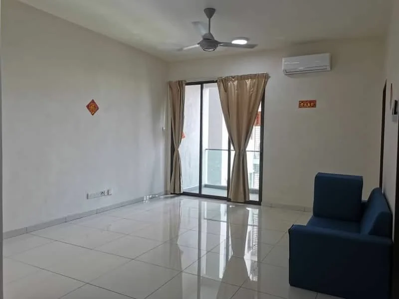 Living features: white painted walls, glossy ceramic tile flooring, 5-blade ceiling fan with light, floor-to-ceiling windows, sliding glass door, sheer curtains, blue fabric sofa, air conditioning unit; style: modern.