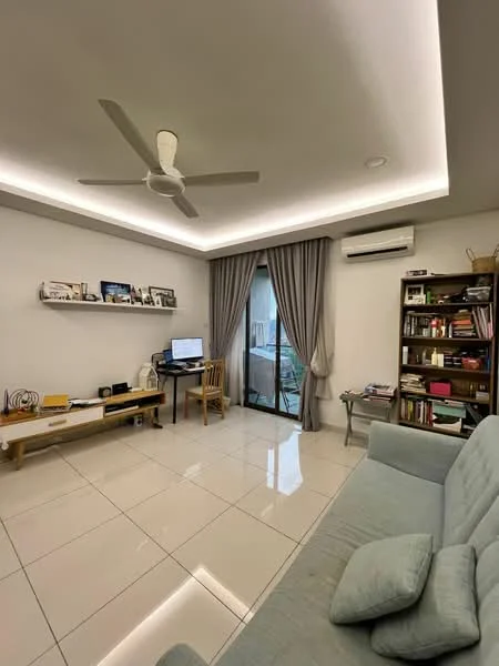 Living features: light grey fabric sofa, wooden coffee table, built-in bookshelf, floor-to-ceiling window, sliding glass door, curtains, wall-mounted split AC, 5-blade ceiling fan with light, recessed LED downlights, glossy white tile flooring, decorative wall shelves, computer desk with monitor, wooden chair; style: modern; view: garden.