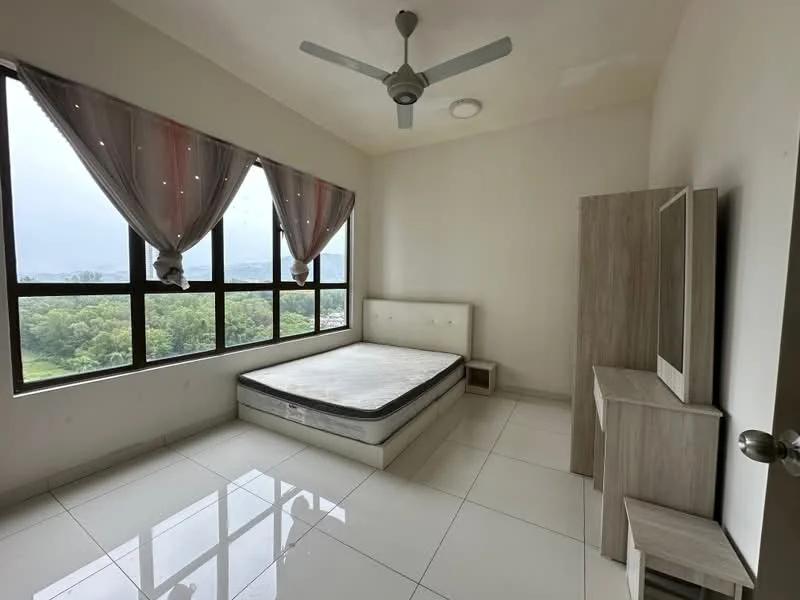 Bedroom features: floor-to-ceiling windows, white painted walls, white ceiling, 5-blade ceiling fan, queen-size bed, upholstered headboard, wooden bedside table, light wood dresser, glossy tile flooring, sheer curtains, mountain view; style: modern; view: mountain.