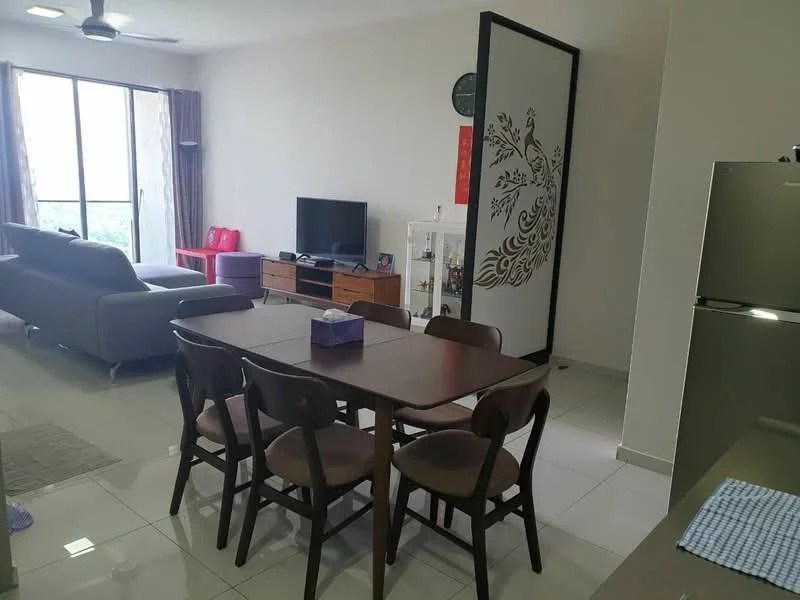 Dining features: 6-seater dining table, wooden dining chairs, white ceramic tableware, decorative centerpiece, light grey walls, white tiled flooring, recessed ceiling lights, floor-to-ceiling windows with sheer curtains; style: modern; view: garden. Living features: 3-seater fabric sofa in grey, 2-seater fabric sofa in red, wooden TV console, wall-mounted TV, decorative wall clock, side table, area rug, curtains, ceiling fan; style: modern; view: garden. Kitchen features: stainless-steel fridge, built-in cabinets, countertop, kitchen appliances, sink, stainless-steel faucet; style: modern.