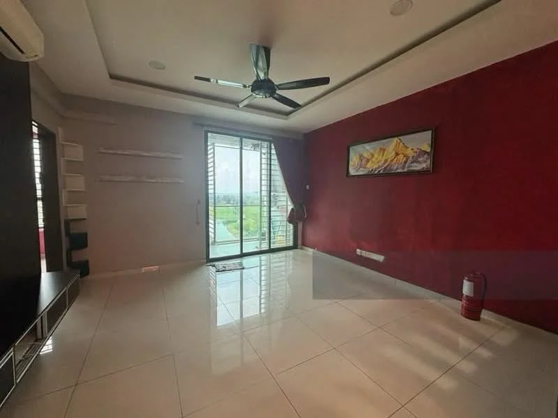 Living features: white tiled flooring, red accent wall, cream painted walls, tray ceiling, 5-blade ceiling fan with light, floor-to-ceiling sliding glass door, curtains, wall-mounted TV console, decorative painting, open shelving; style: modern; view: garden.