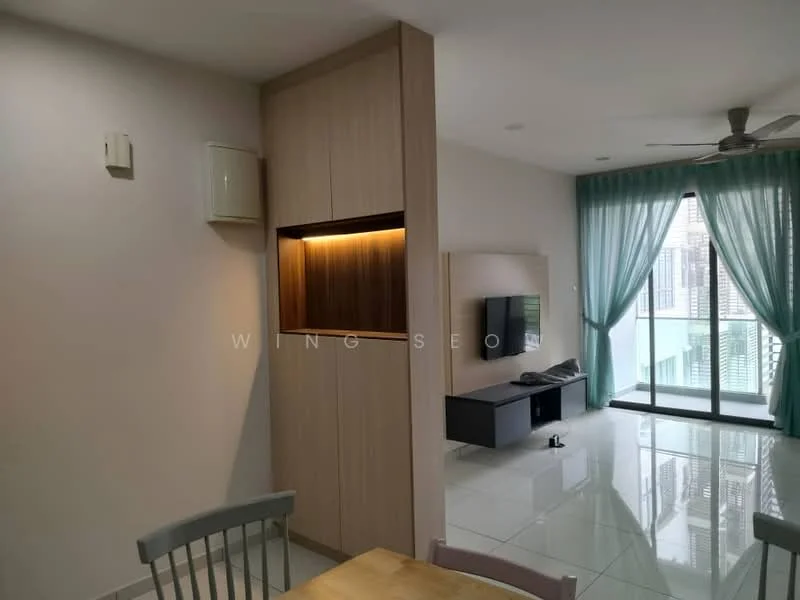 Living features: white painted walls, glossy tile flooring, 5-blade ceiling fan, floor-to-ceiling windows, sheer curtains, wall-mounted TV, TV console, built-in cabinetry with lighting, dining table with chairs; style: modern.