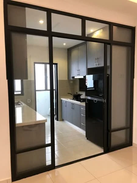 Kitchen features: grey cabinetry, white countertop, black refrigerator, built-in oven, microwave, stainless-steel sink, chrome faucet, tile flooring, recessed downlights, floor-to-ceiling windows, sliding glass door; style: modern.