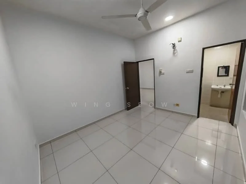 Room features: white painted walls, glossy ceramic tile flooring, ceiling fan, single door, light switch, wall-mounted light fixture, doorway to bathroom, neutral color scheme; style: modern.