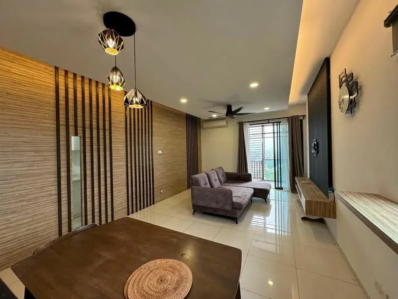 Living features: 3-seater fabric sofa in purple, wooden coffee table, wall-mounted TV, TV console, floor-to-ceiling windows, sliding glass door, ceiling fan with light, recessed downlights, wood panel accent wall, cream painted walls, glossy tile flooring, decorative wall clock; style: modern; view: city.