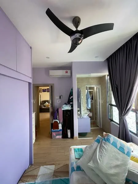 Room features: purple painted walls, wooden flooring, 5-blade ceiling fan, floor-to-ceiling windows, blackout curtains, built-in wardrobe, air conditioning unit, shower enclosure; style: modern; view: garden.