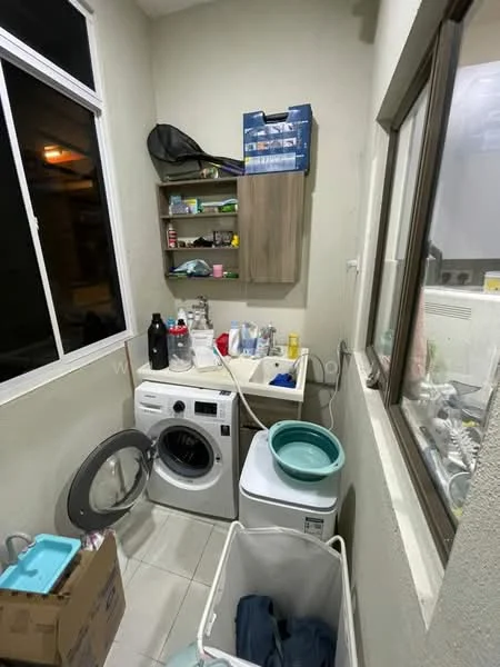 Laundry features: front-load washing machine, top-load washing machine, white laundry basket, wooden shelving unit, various cleaning supplies, plastic storage containers, grey tiled flooring, large window for natural light.