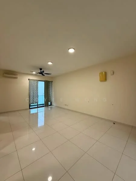 Living features: white painted walls, glossy ceramic tile flooring, 5-blade ceiling fan with light, recessed LED downlights, floor-to-ceiling sliding glass door, sheer curtains, air conditioning unit, balcony access, neutral color scheme; style: modern; view: city.