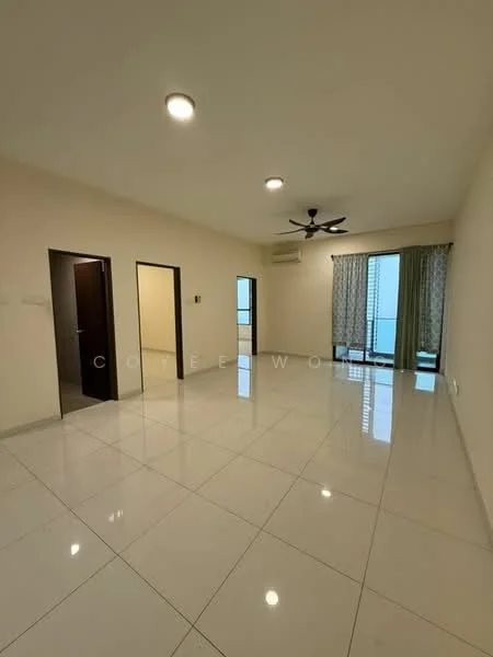 Living features: white painted walls, glossy ceramic tile flooring, ceiling fan with light, floor-to-ceiling windows, sheer curtains, sliding glass door, air conditioning unit, recessed downlights, two wooden doors, neutral color scheme; style: modern; view: city.