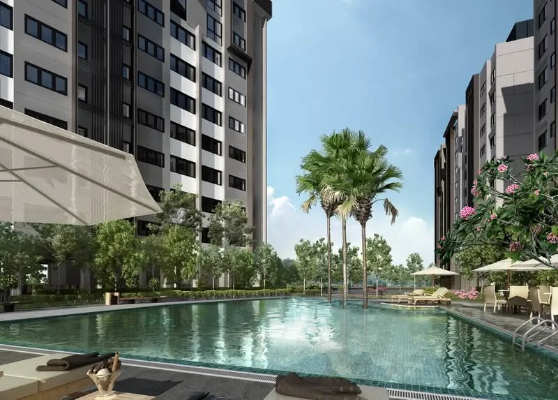 Exterior type: high-rise condominium; features: infinity pool, pool deck with loungers, tropical landscaping, palm trees, manicured lawn, surrounded by greenery, outdoor dining area with umbrellas, modern architectural design, multiple storeys, large windows, balconies on upper floors; style: modern.