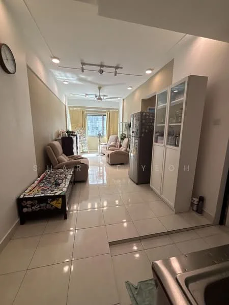 Living features: cream painted walls, white ceiling, recessed downlights, 5-blade ceiling fan, large windows with sheer curtains, tile flooring, 2 beige armchairs, coffee table, TV console, refrigerator, open shelving unit, decorative items on shelves; style: modern.