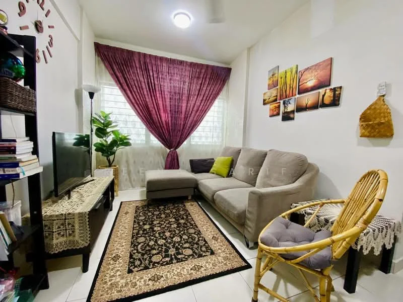 Living features: 3-seater fabric sofa in grey, area rug with floral pattern, wall-mounted TV, black TV console, decorative wall art, floor lamp, potted plant, curtains in burgundy, white painted walls, ceiling fan with light, bamboo chair, bookshelf with open shelving; style: contemporary.