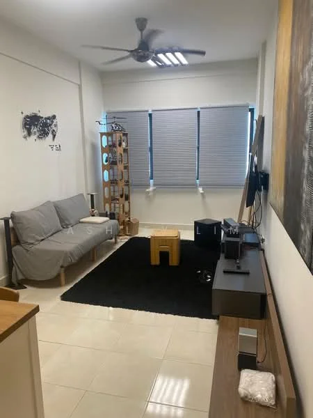 Living features: grey fabric sofa bed, black area rug, wooden coffee table, wall-mounted TV, TV console, ceiling fan, blinds on windows, light-colored walls, glossy tile flooring, decorative wall art, open shelving unit; style: modern.
