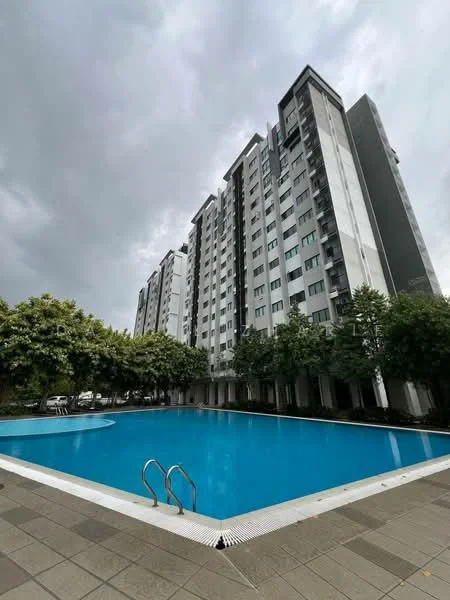 Exterior type: high-rise condominium; features: swimming pool, pool deck, landscaped garden with trees, multiple storeys, glass windows, balconies, concrete facade, parking area visible; style: modern.