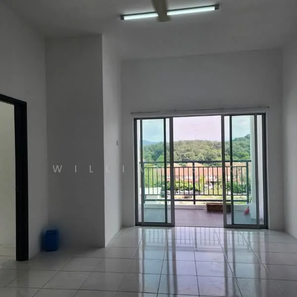 Room features: white painted walls, glossy white tile flooring, sliding glass door, floor-to-ceiling windows, mountain view, natural light, ceiling lights, balcony access; style: modern; view: mountain.