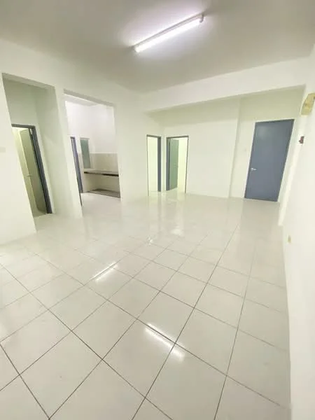 Room features: white painted walls, glossy white tile flooring, fluorescent ceiling lights, multiple doorways, neutral color scheme, open layout, no visible furniture, high ceiling; style: minimalist.