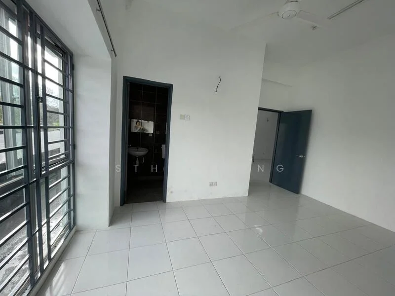Room features: white painted walls, white tiled flooring, ceiling fan, large windows with black metal frames, door leading to bathroom, door leading to another room, natural light from windows; style: modern.