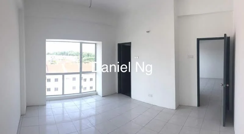 Room features: white painted walls, tile flooring, large floor-to-ceiling windows, curved window design, neutral color scheme, single door, double door, natural light, open layout; style: modern; view: city.
